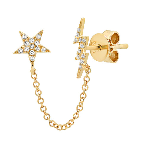 14K solid yellow gold diamond star lightning double piercing chain earring Sachi fine jewelry