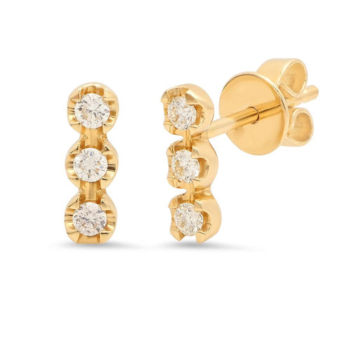 triple diamond bar stud earrings 14K yellow gold sachi jewelry