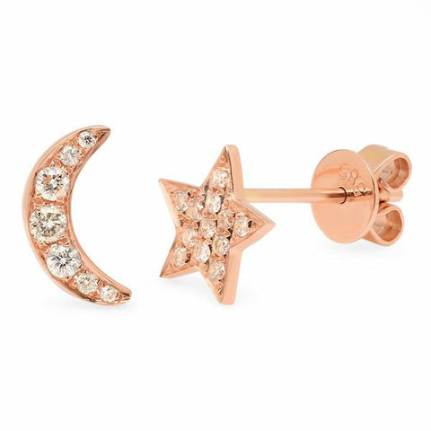 moon star diamond studs earrings 14K rose gold sachi jewelry