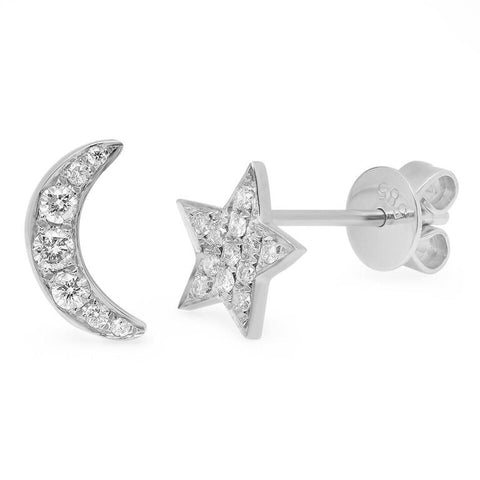 moon star diamond studs earrings 14K white gold sachi jewelry