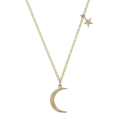 dainty delicate moon star diamond necklace 14K yellow gold sachi jewelry