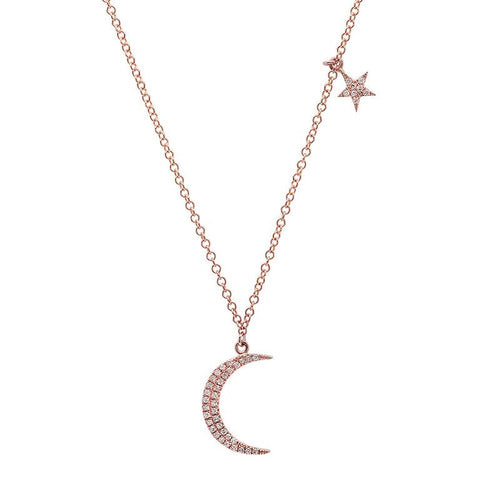 dainty delicate moon star diamond necklace 14K rose gold sachi jewelry