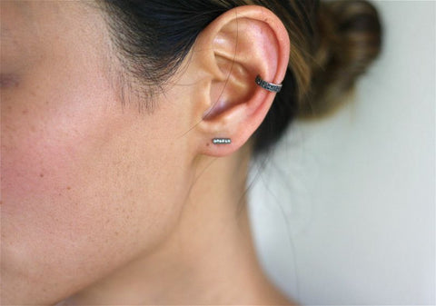 delicate dainty mini bar diamond studs earrings 14K gold sachi jewelry