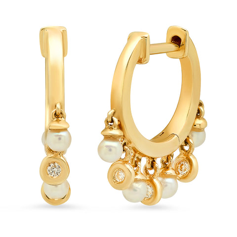 14K gold pearl diamond bezel dangle huggies sachi jewelry fun
