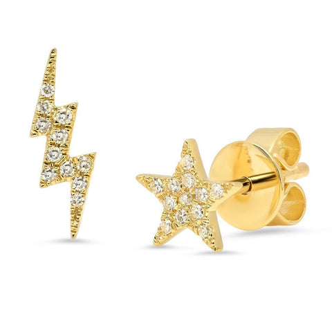 micro star lightning bolt diamond studs earrings 14K yellow gold sachi jewelry