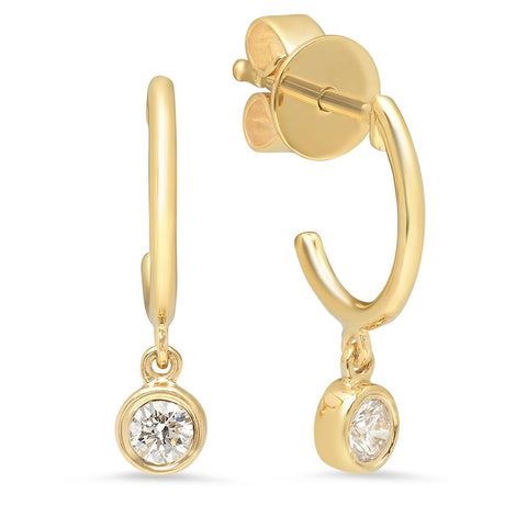 bezel diamond drop hoop 14k gold dainty delicate sachi jewelry earrings 