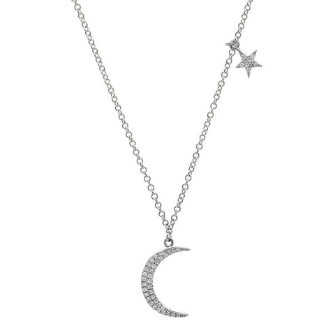 dainty delicate moon star diamond necklace 14K white gold sachi jewelry