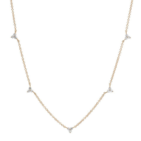 delicate dainty triple prong diamond station necklace 14K yellow gold sachi jewelry