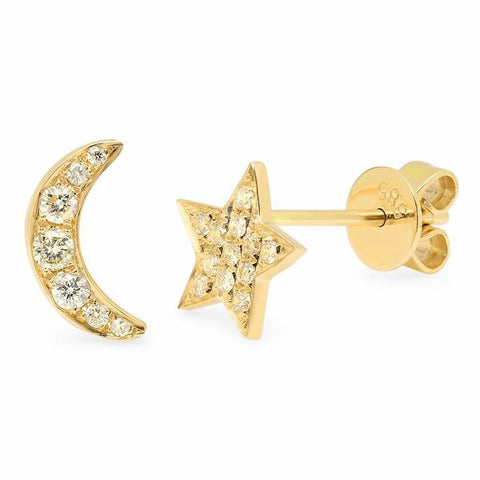 moon star diamond studs earrings 14K yellow gold sachi jewelry