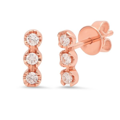 triple diamond bar stud earrings 14K rose gold sachi jewelry