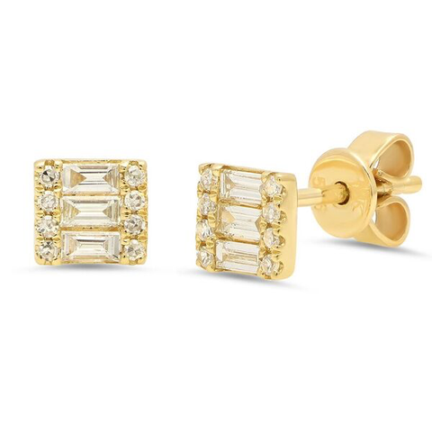 dainty square baguette diamond studs 14K yellow gold sachi jewelry