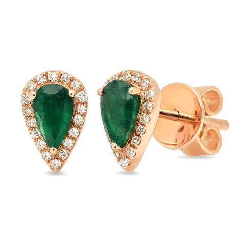 emerald pear studs earrings diamond 14K yellow gold jewelry
